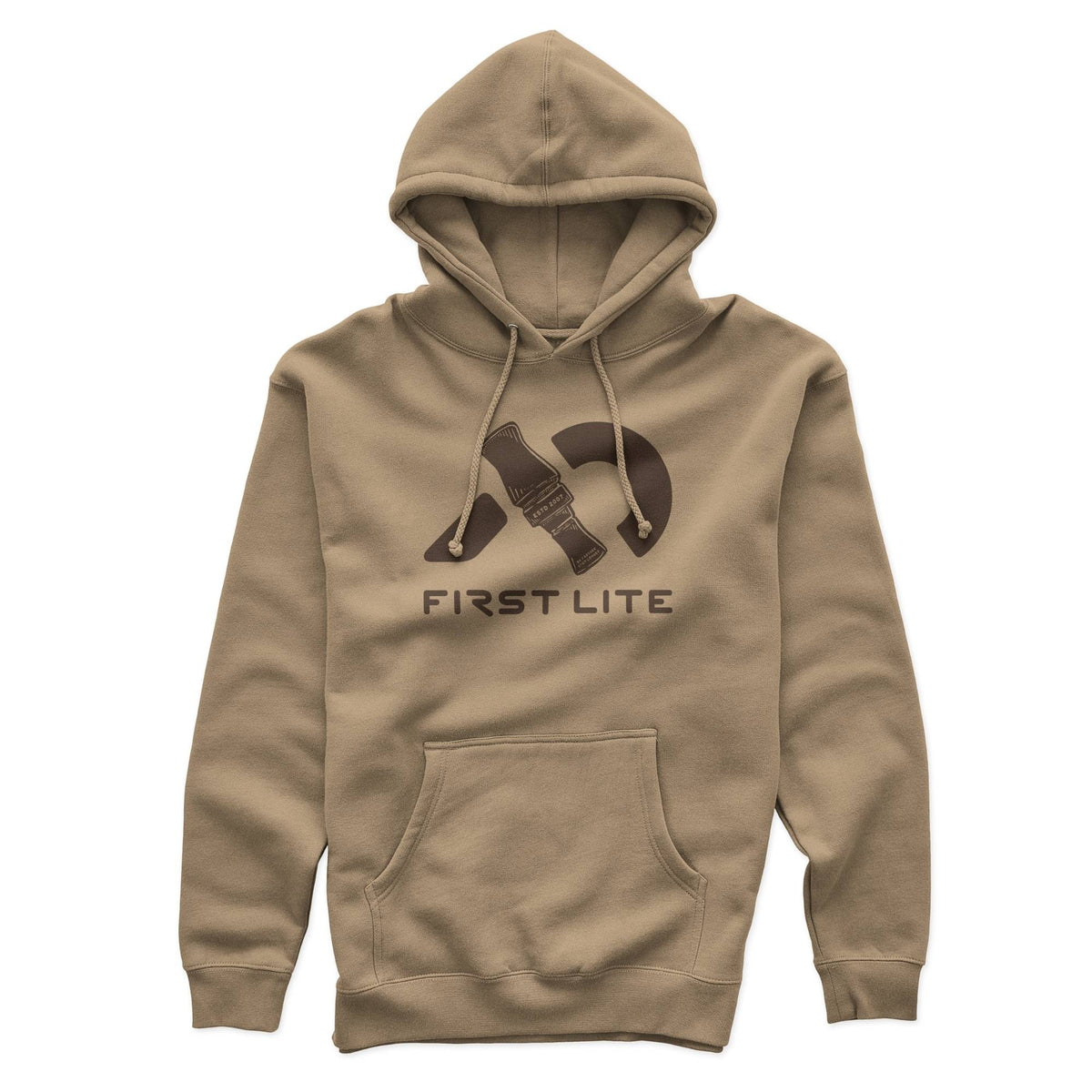 Sand brown hoodie featuring drawstrings, a kangaroo pocket, and a dark brown graphic of a duck call with "FIRST LITE" text.