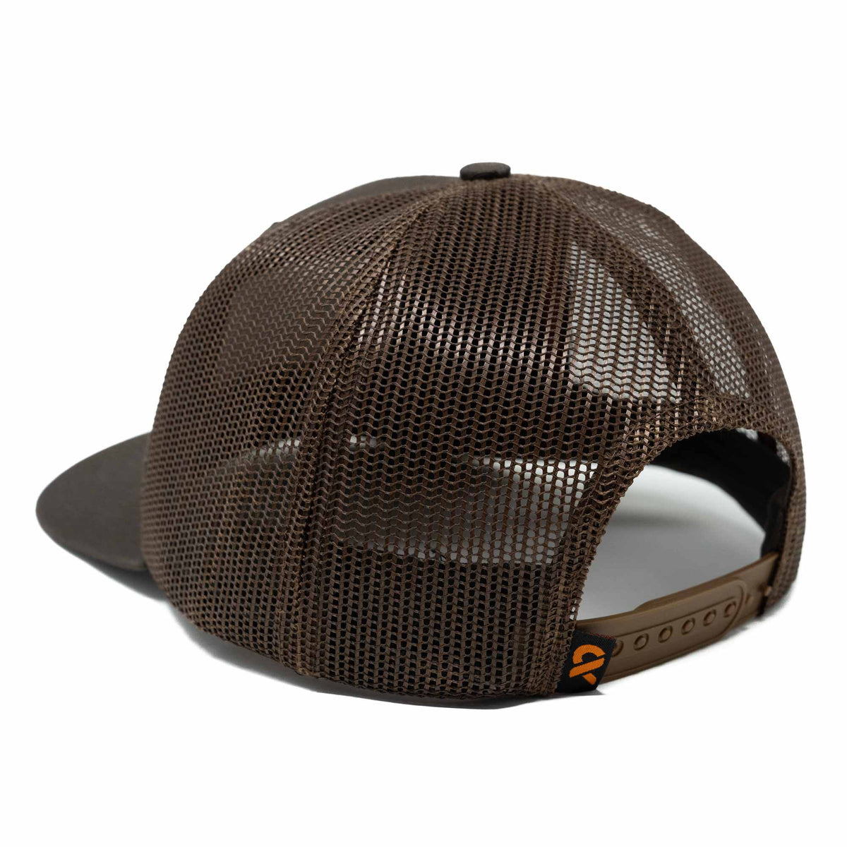 Brown mesh trucker hat with a snapback closure and orange logo tag.