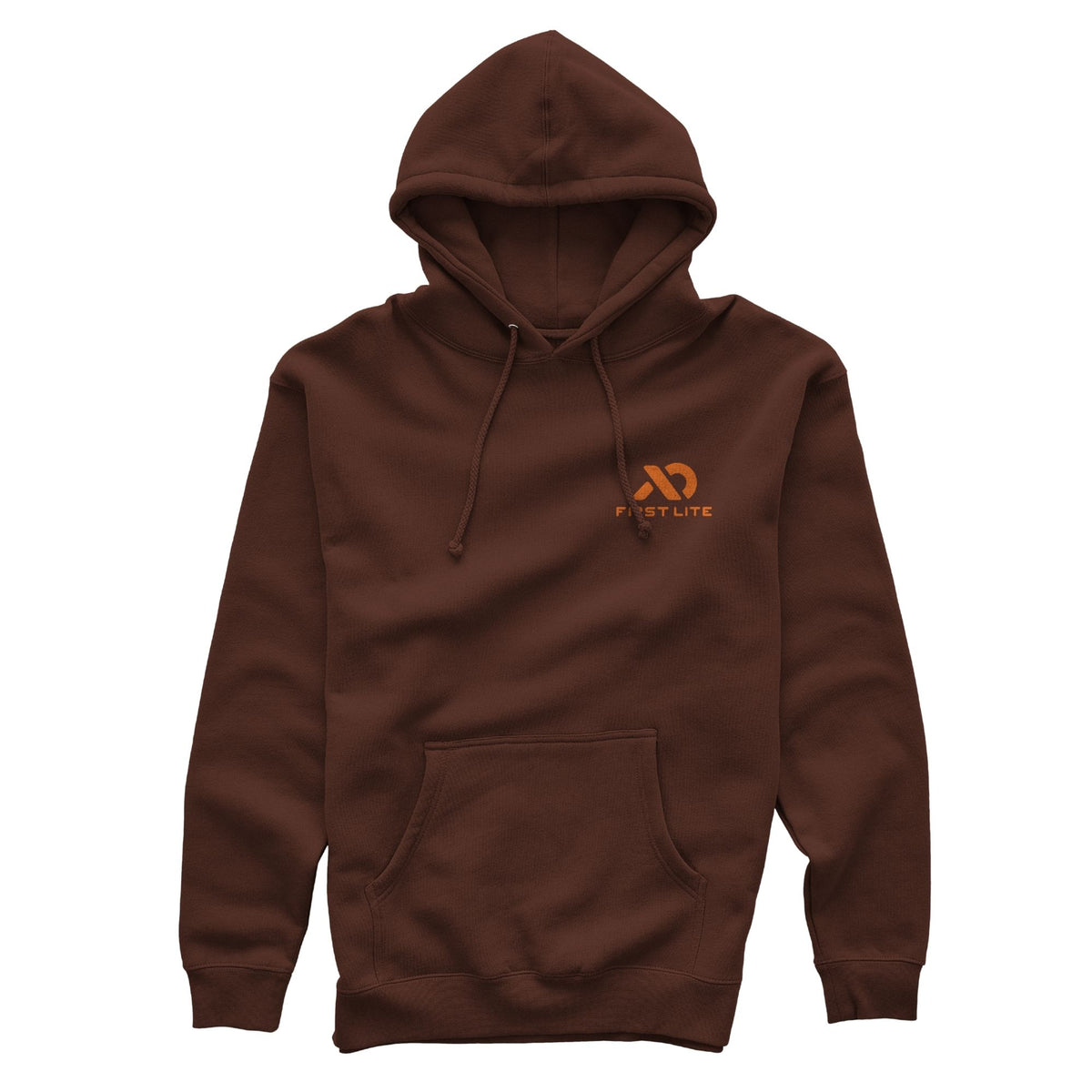 Brown hoodie featuring orange FIRST LITE branding on the left chest, a hood with drawstrings, and a kangaroo pocket.