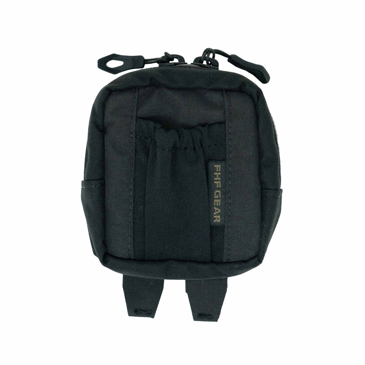 Black FHF GEAR tactical pouch with a top zipper closure, front elastic pocket, and two bottom attachment straps.