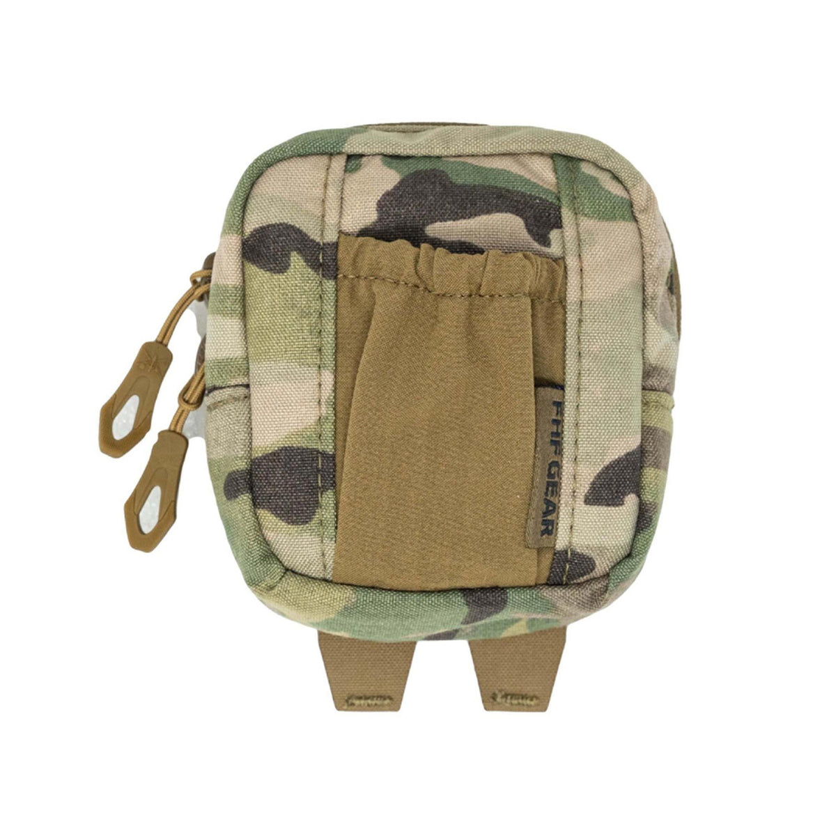 Multicam camouflage utility pouch with a tan elastic front pocket, two brown zipper pulls, a visible FHF GEAR label, and two bottom attachment straps.