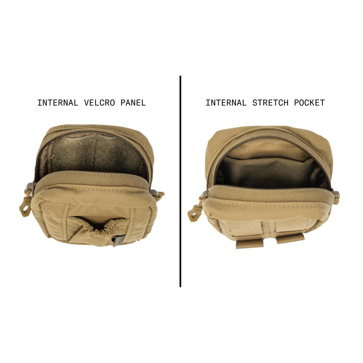 Two views of an open tan tactical pouch, showing its internal fuzzy velcro panel on the left and an internal stretch pocket on the right.
