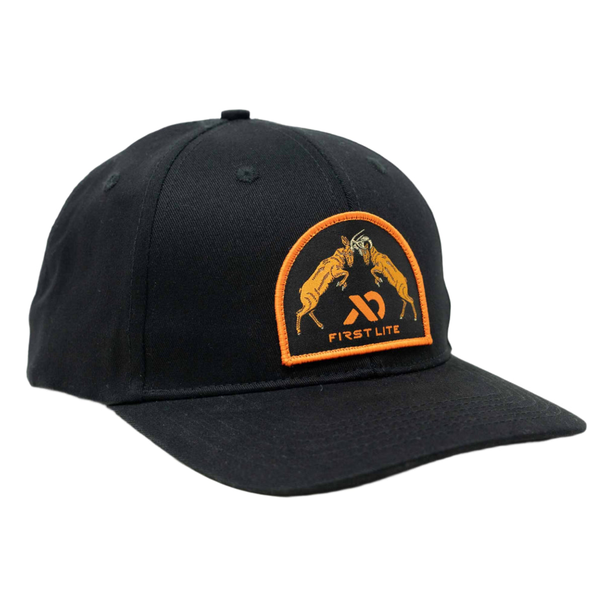 Black baseball cap with an orange-bordered patch featuring two fighting rams and "First Lite" text.