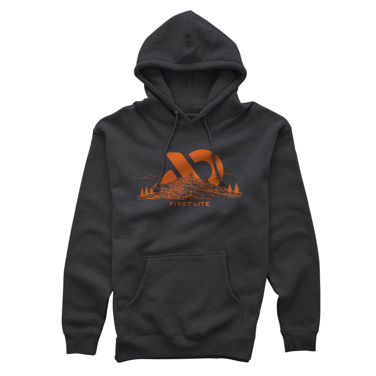 Charcoal hoody with orange 'First Lite' logo with mountain peak