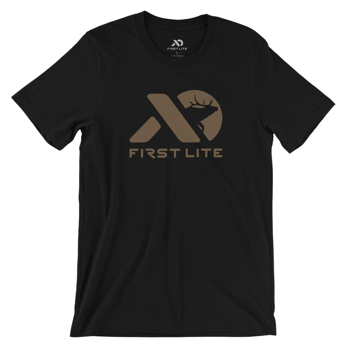 Black t-shirt with a light brown geometric back print featuring an elk silhouette within the logo and "FIRST LITE" text below