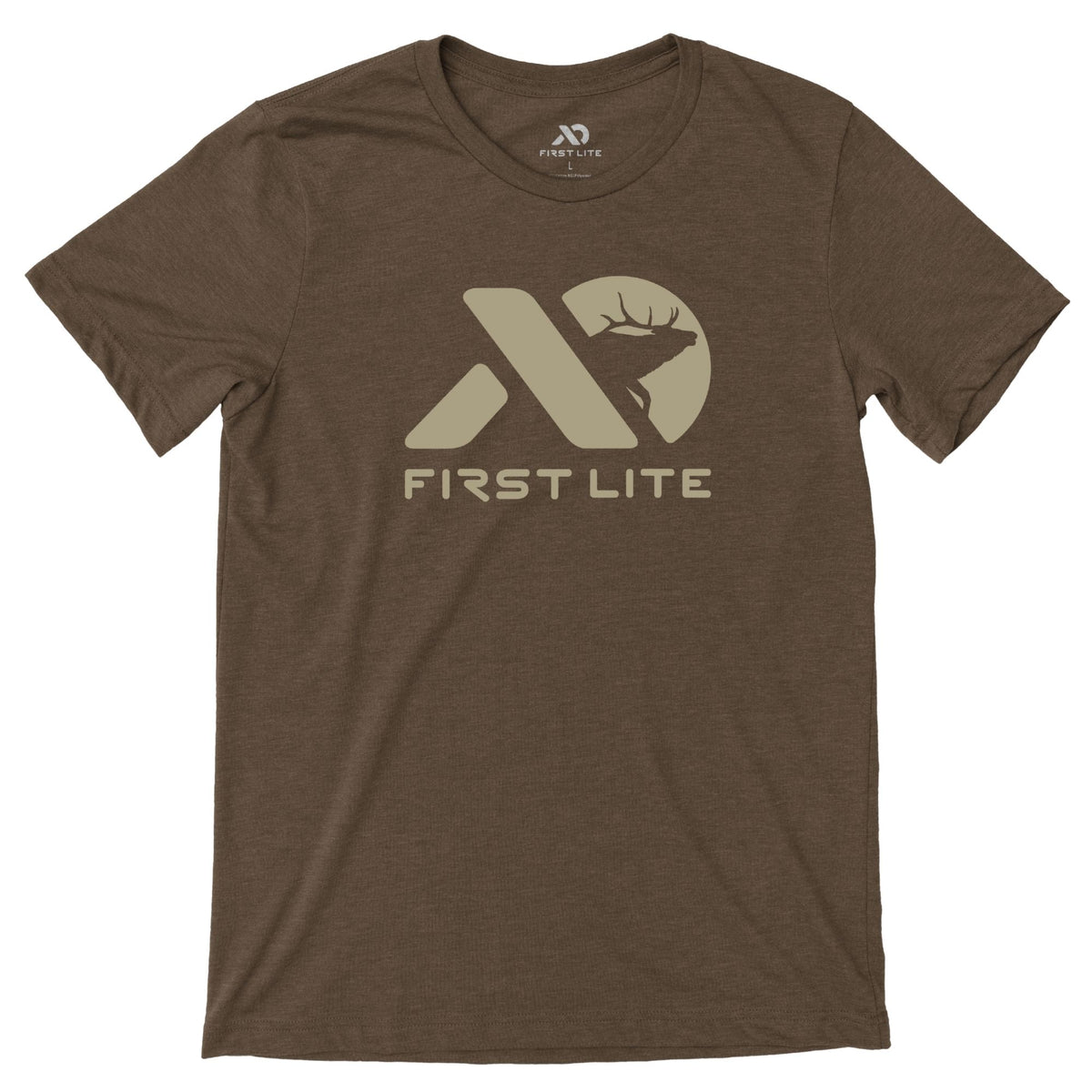 Heather brown t-shirt with a tan geometric back print featuring an elk silhouette within the logo and "FIRST LITE" text below
