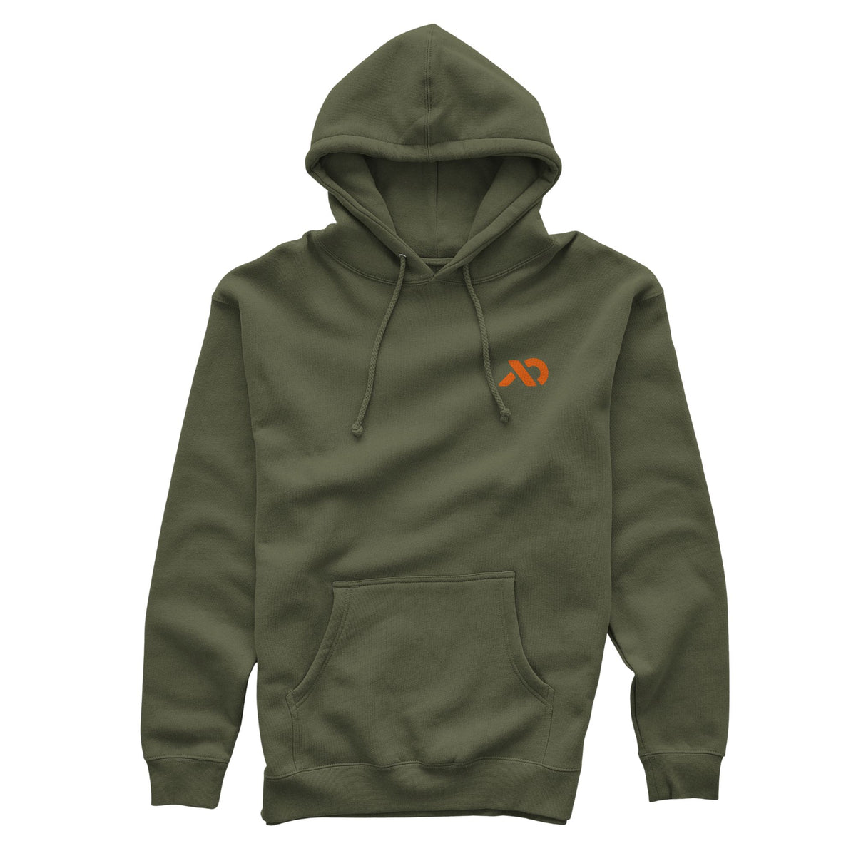 Green army hoodie with an orange abstract logo on the left chest, a hood with drawstrings, and a kangaroo pocket.