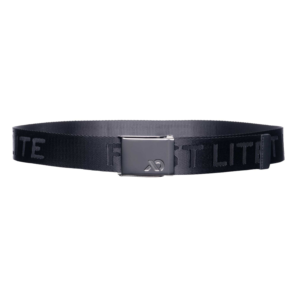 Black nylon belt with silver buckle with the First Lite logo.