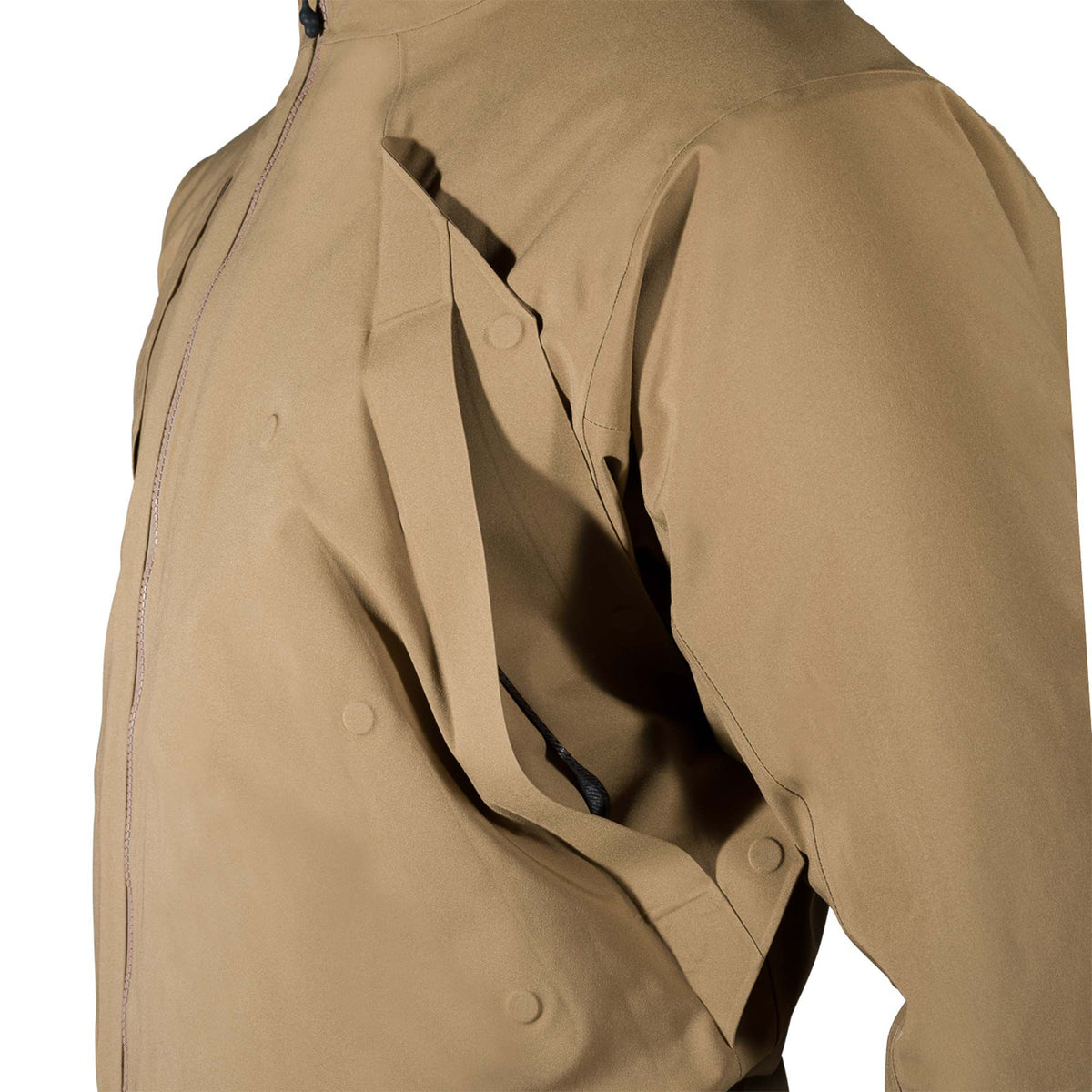 Tan jacket with an angled, open flap pocket secured by a snap button, revealing a black zipper on the side.