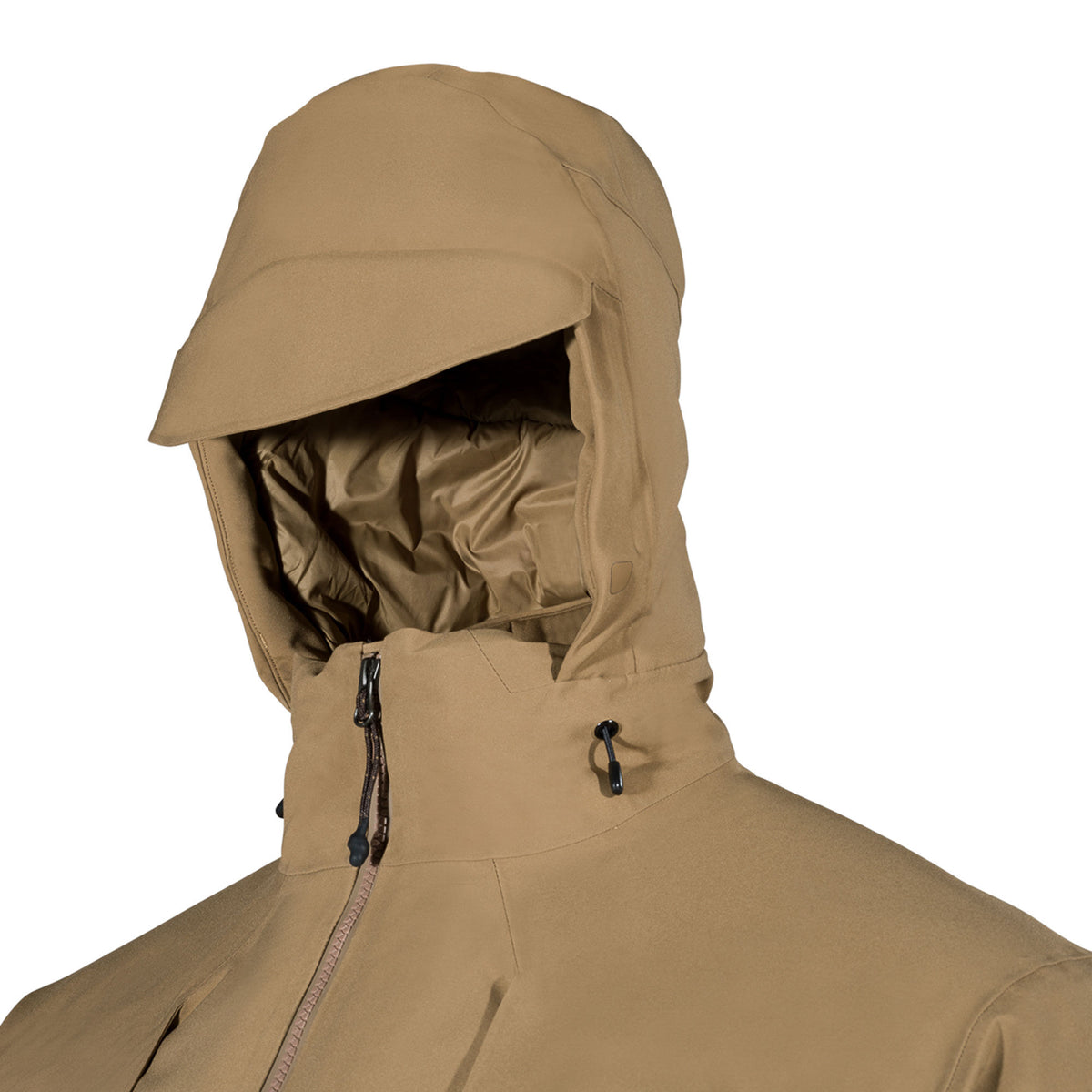 Tan hooded jacket with a brimmed hood, fully zipped front, visible padded interior, and black drawcords.