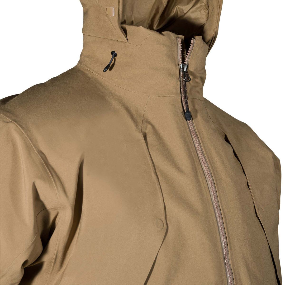 Tan hooded jacket with a high collar, partially unzipped front zipper, and a black cord lock.
