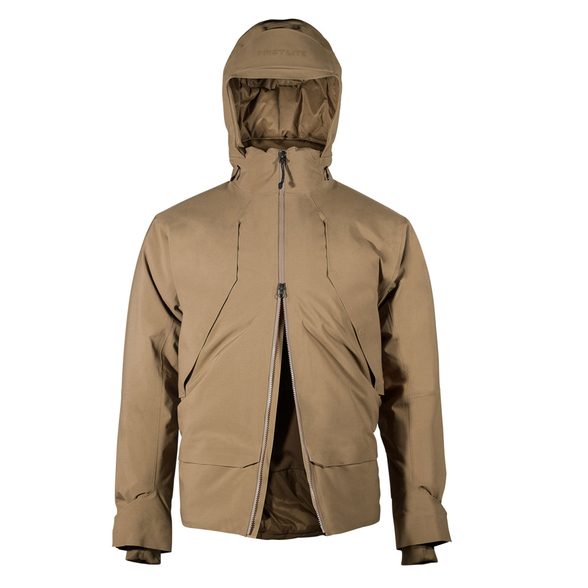 First Lite tan hooded jacket with a partially unzipped front and angular chest seams.