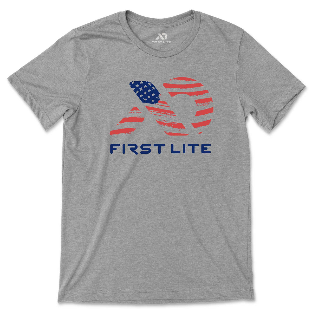 Grey t-shirt with a First Lite logo on the chest, stylized with an American flag pattern and "FIRST LITE" text below it.