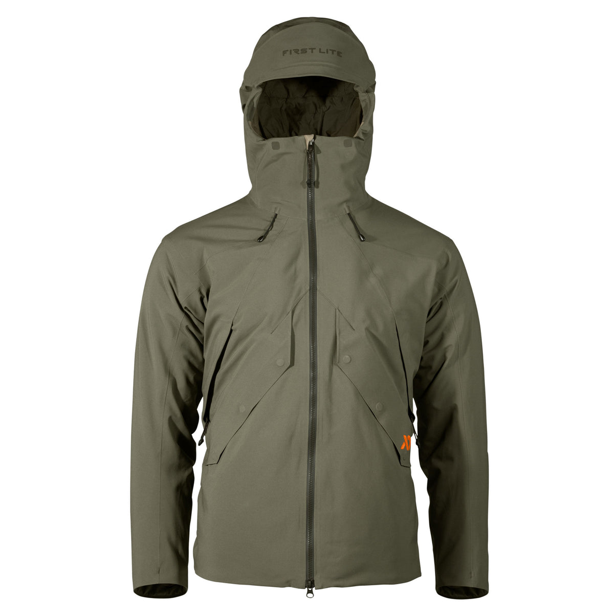 Olive green First Lite hooded jacket with a full-zip front, four chest pockets, and an orange brand logo.
