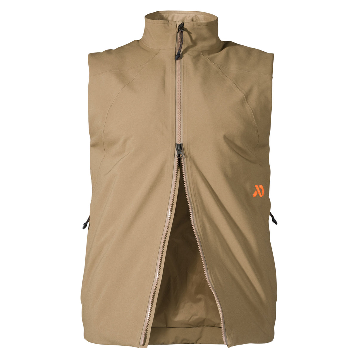 Tan sleeveless vest with a high collar, partially unzipped front zipper, and an orange logo on the left chest.