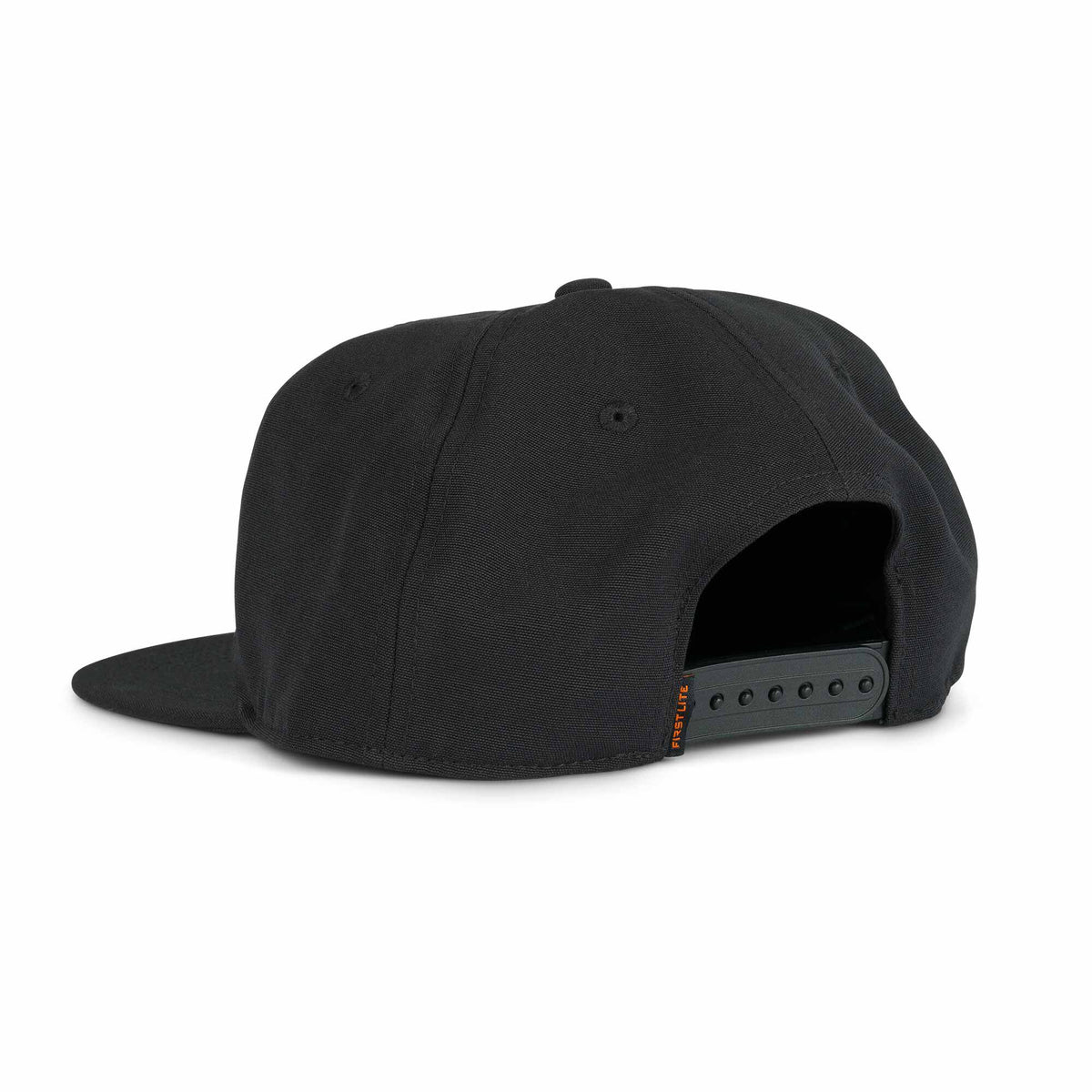 Black baseball cap with a flat brim, adjustable snapback closure, and orange "FIRST LITE" text.