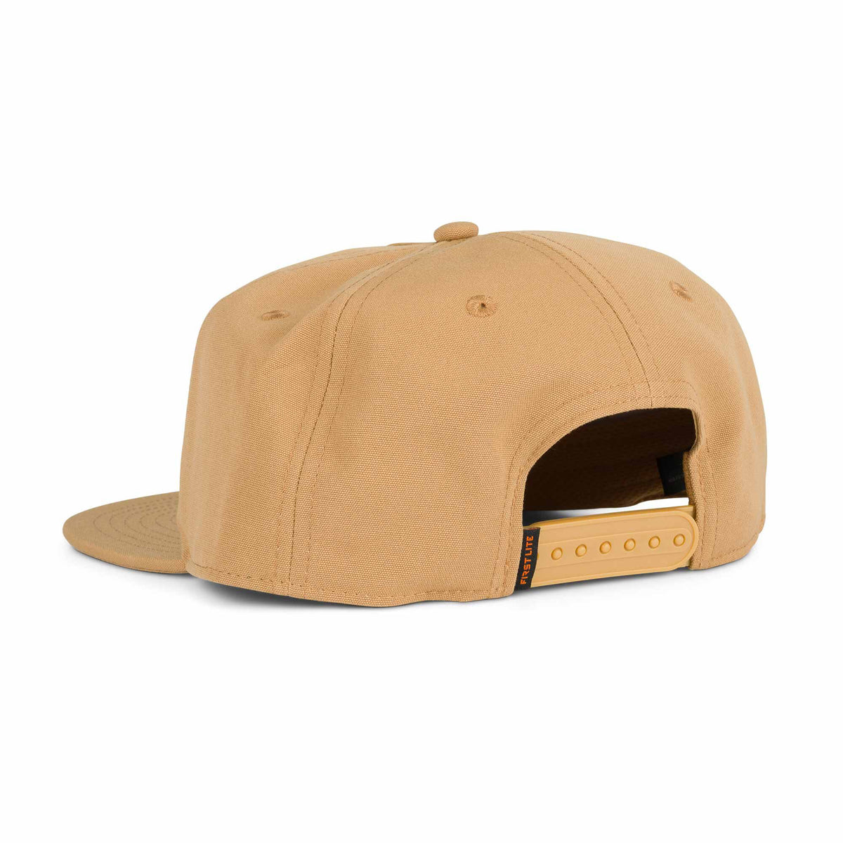 Tan flat brim snapback cap with an adjustable snap closure and a "FRST LITE" tag.