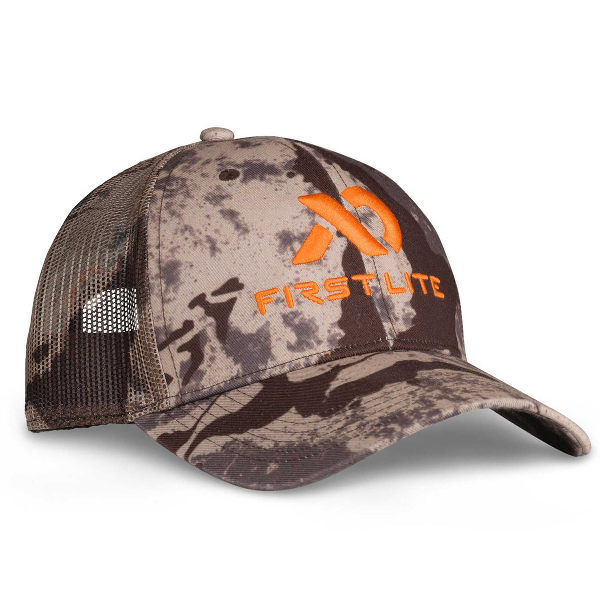 Camouflage baseball cap with brown mesh back and orange embroidered First Lite logo and text on the front.