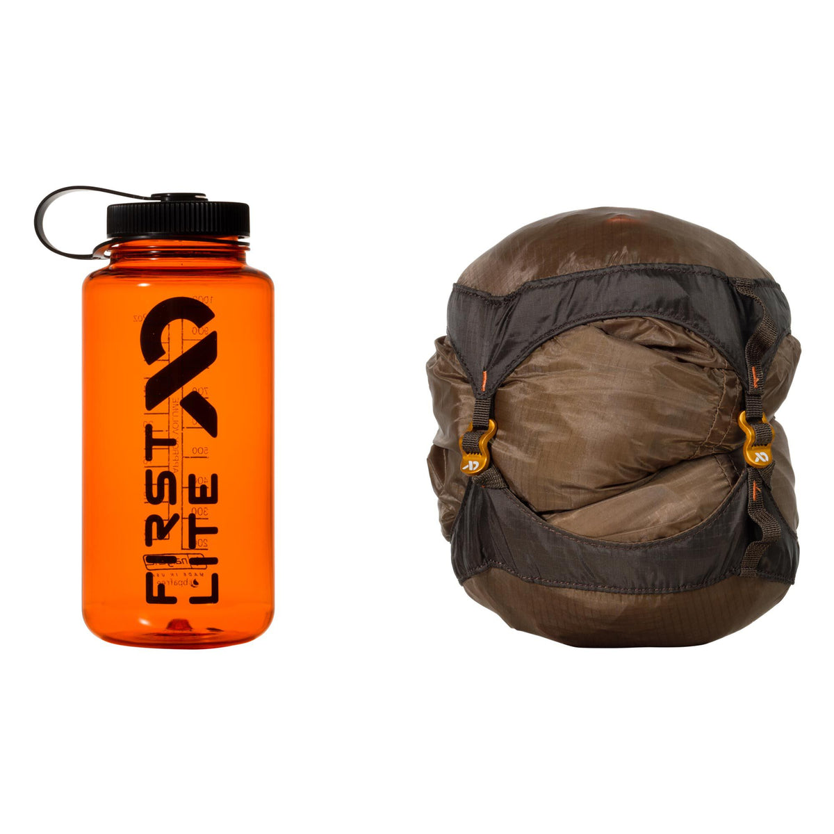 An orange FIRST LITE water bottle with a black cap stands beside a brown compression sack with dark straps and gold buckles.