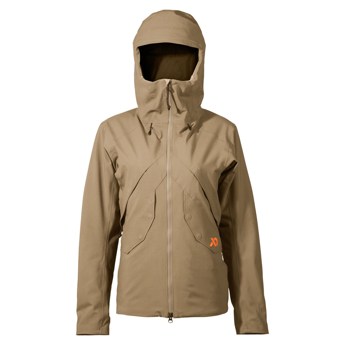 Tan First Lite hooded jacket with a full zipper, four front pockets, and an orange logo.