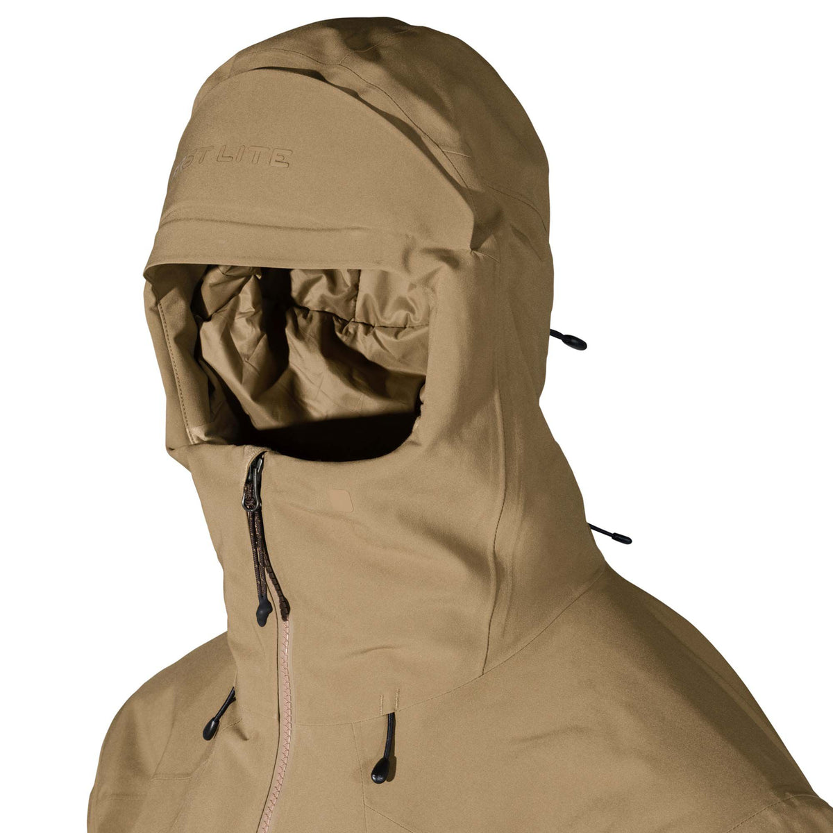 Coyote brown technical jacket featuring a fully enclosing hood, front zipper, and "ST LITE" logo.