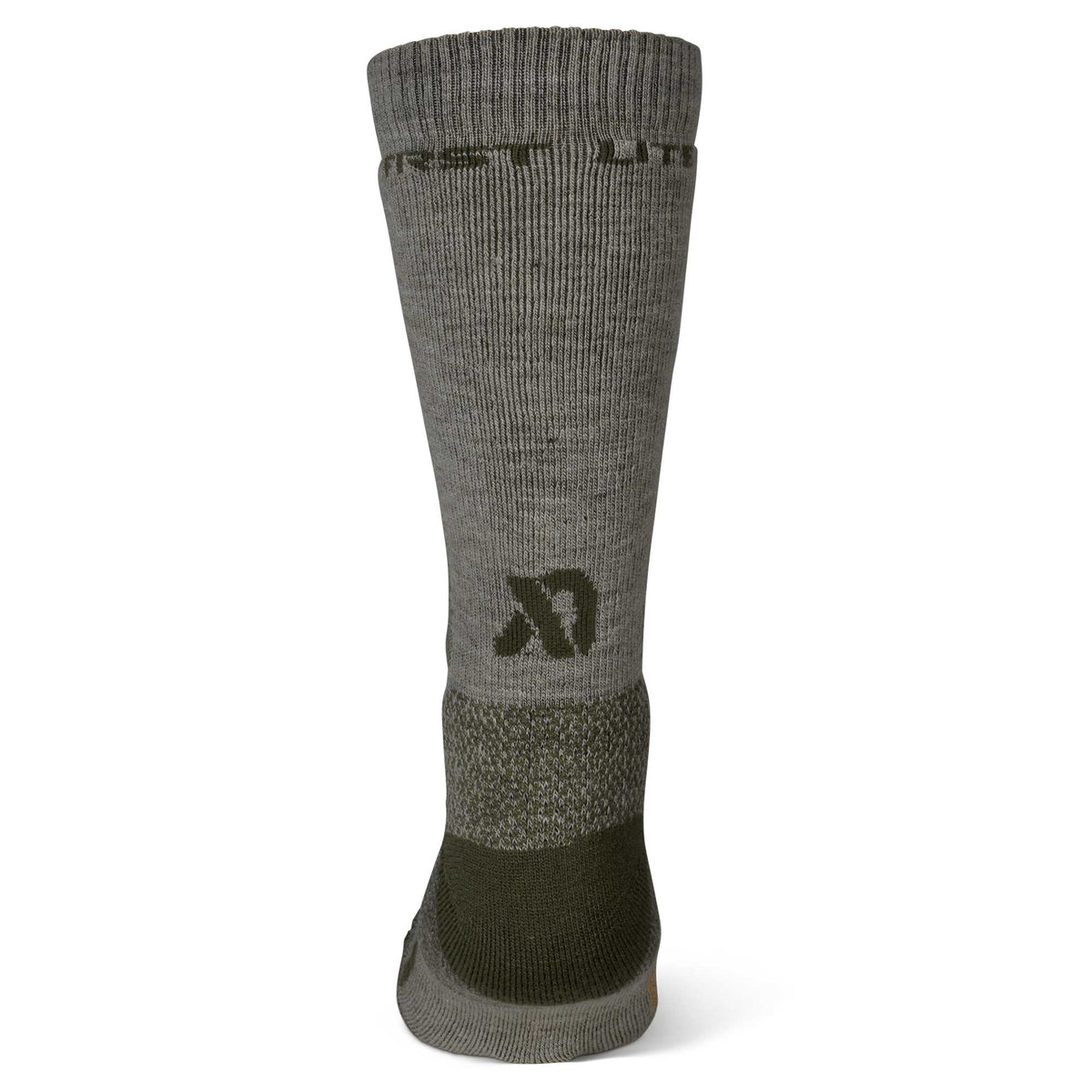 Muted greenish-grey ribbed boot sock with dark olive green 'TREK LITE' text, an 'R' logo, and a dark olive green heel and toe.