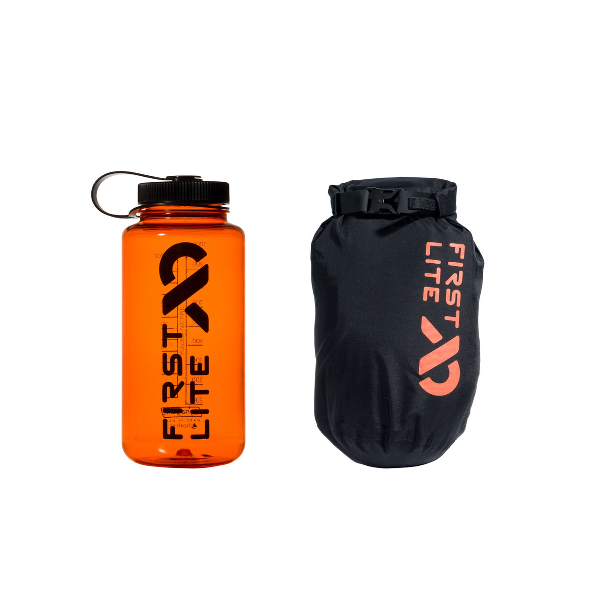 Orange water bottle with black cap and a black dry bag with a roll-top buckle closure, both featuring the First Lite logo.