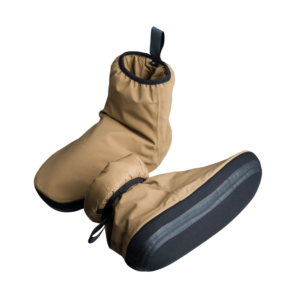 Pair of tan insulated booties with black elastic cuffs, pull-tabs, and black soles with two grey stripes.