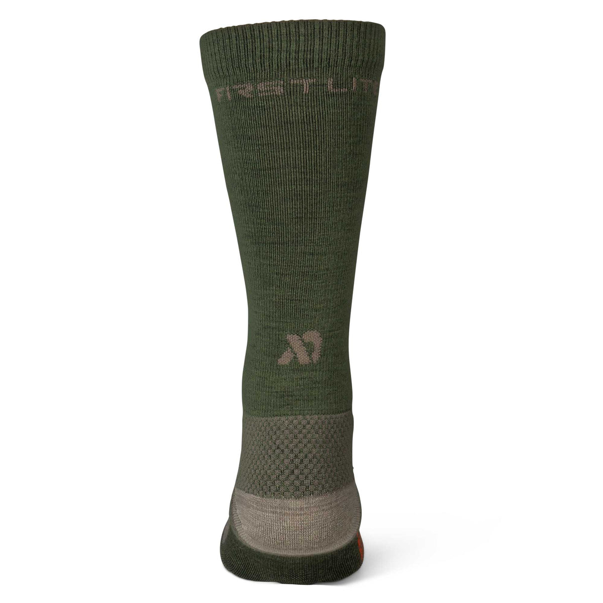 Olive green sock with "FIRST LITE" branding at the cuff, a stylized "M" logo, and a textured tan heel and ankle section.