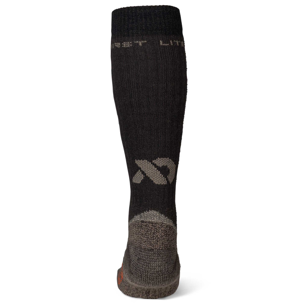 A black calf-high sock with light grey text near the cuff, a stylized grey logo mid-calf, a textured dark grey heel, and a small orange detail on the sole.