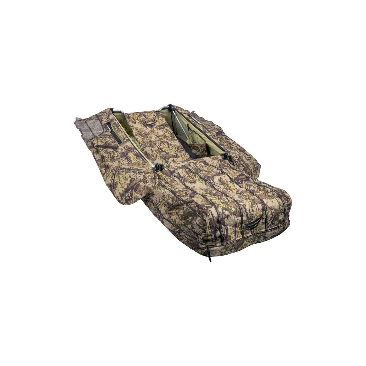 Marsh camouflage ground blind cover with zippered panels and mesh windows.