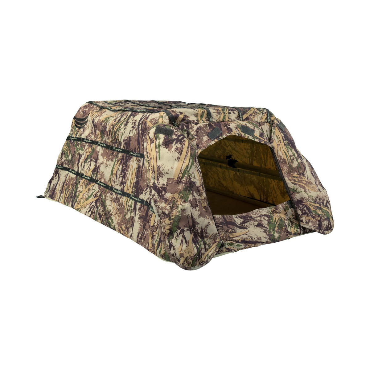 Camouflage dog hunting blind with a front opening and Tanglefree branded straps.
