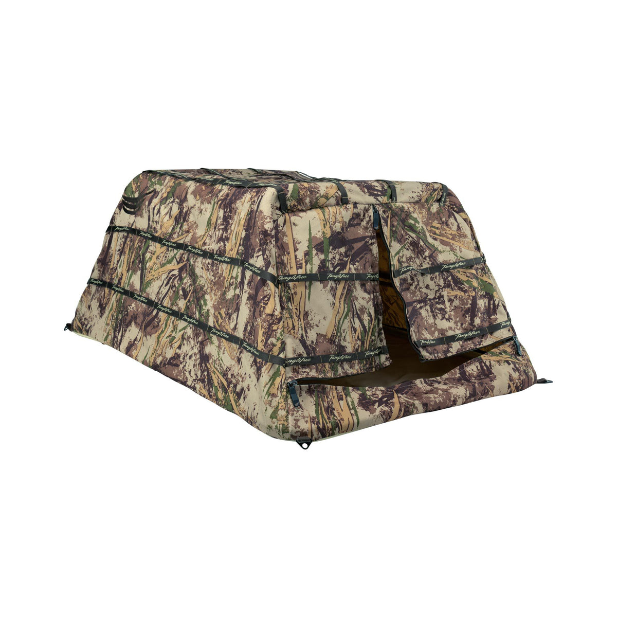 Low-profile marsh camouflage layout blind with an open zippered entrance and Tanglefree grass straps.