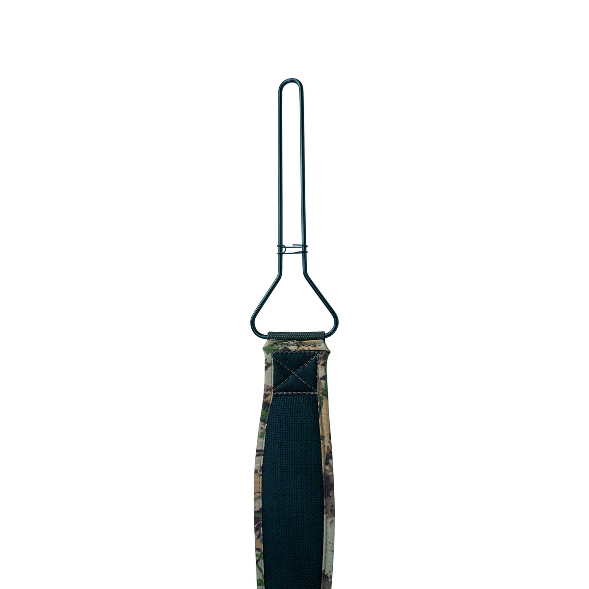 Padded camouflage carrying strap with a black wire hanger and a textured black grip surface.