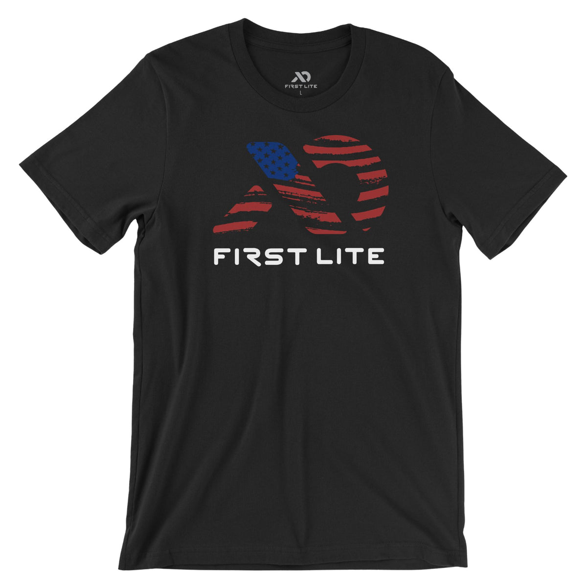 Black t-shirt with a distressed blue and red logo featuring American flag stars and stripes, and 'FIRST LITE' text on the front.
