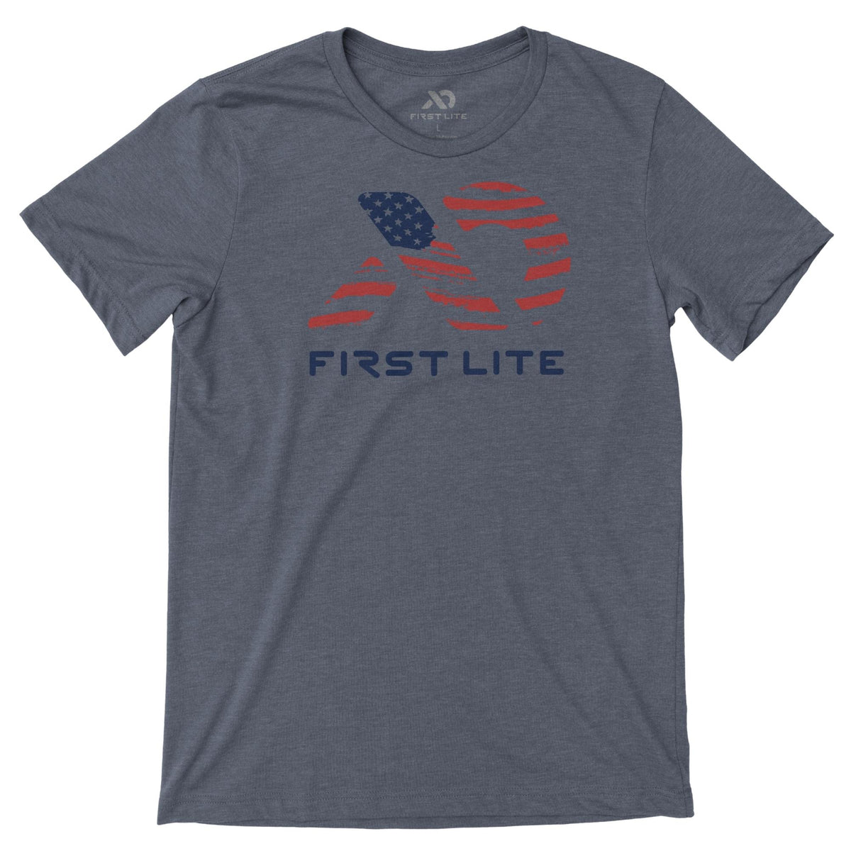 Slate grey t-shirt with a distressed red and blue logo featuring American flag stars and stripes, and 'FIRST LITE' text on the front.