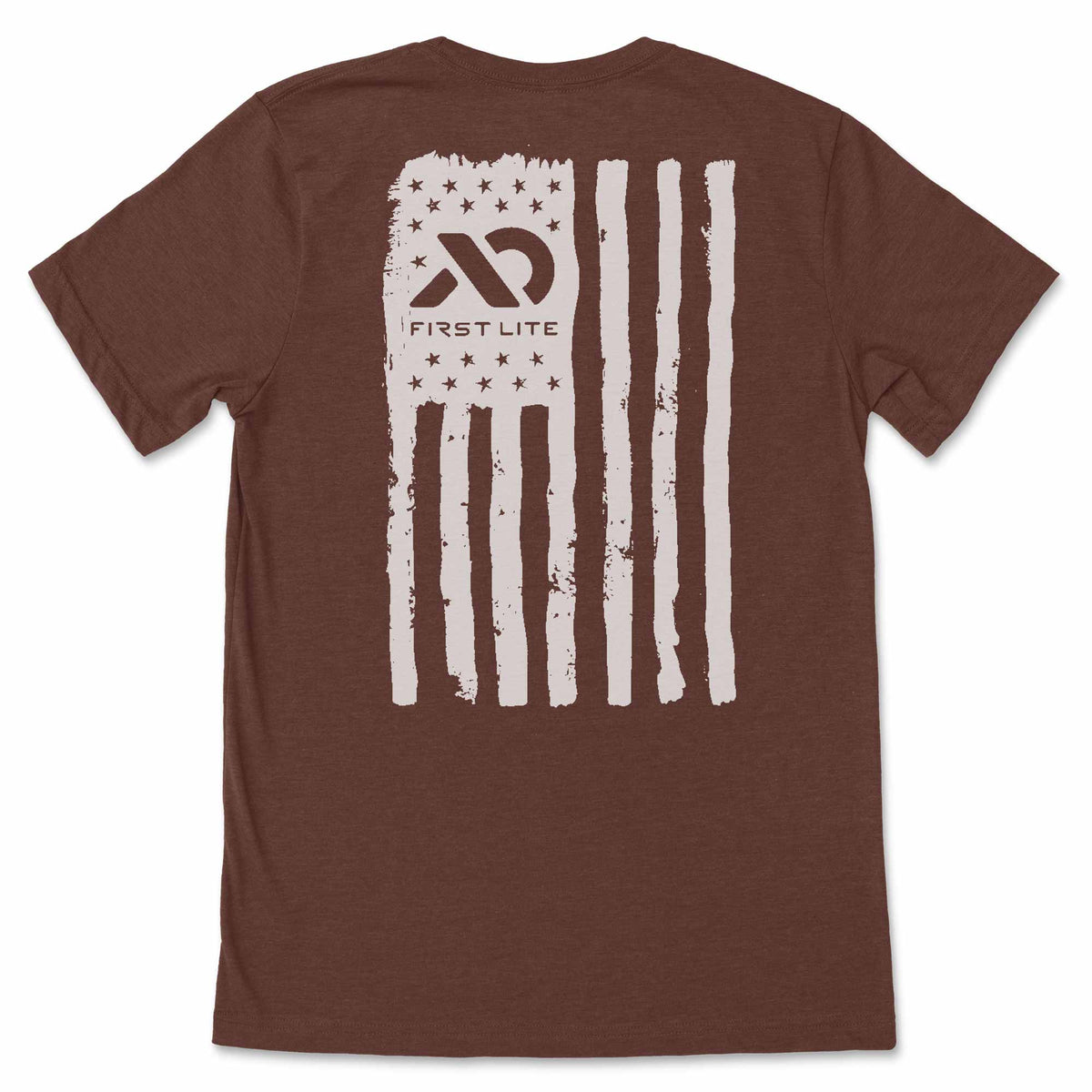 Brown t-shirt featuring a distressed off-white American flag graphic with the First Lite logo.