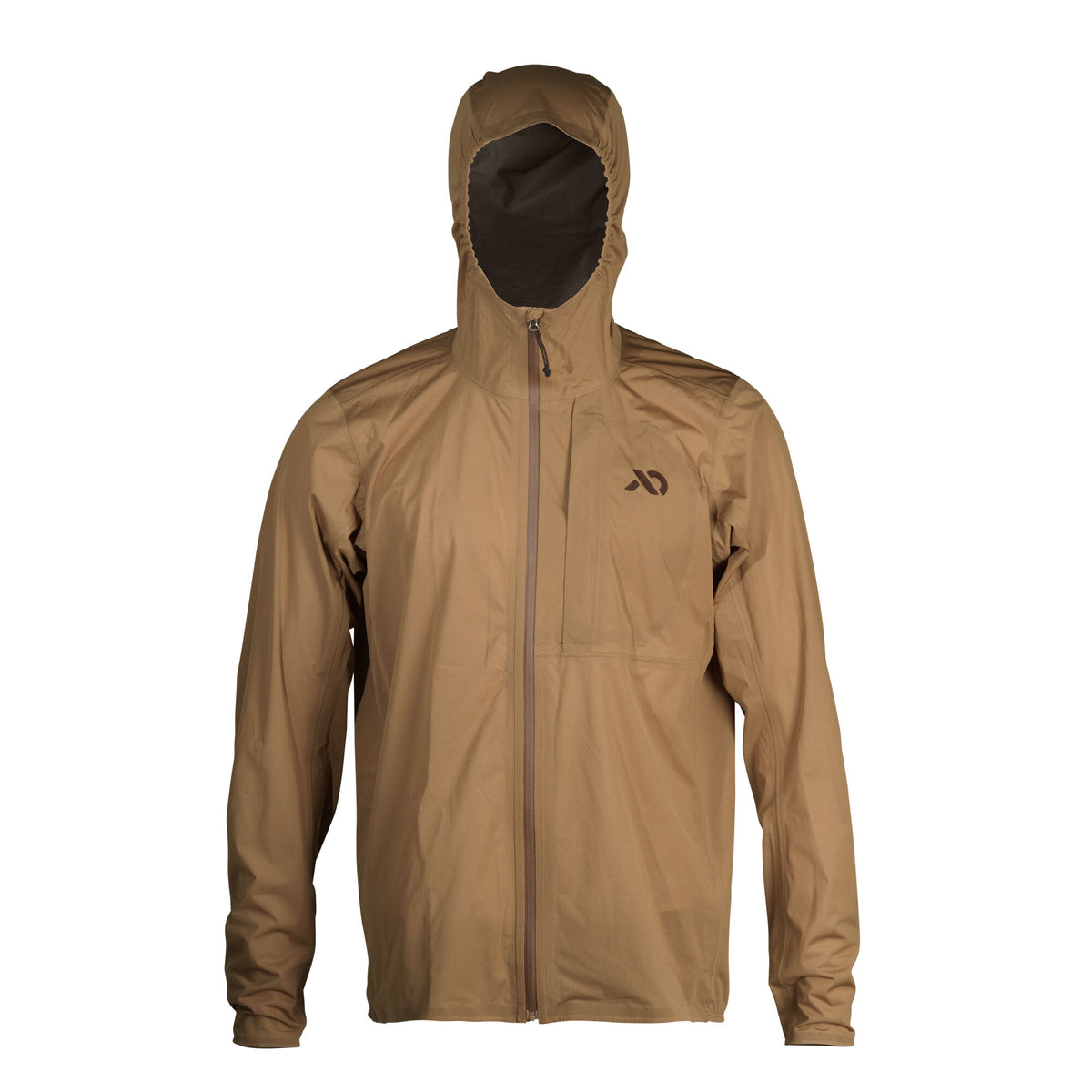 Coyote brown hooded full-zip jacket with a chest pocket and a stylized logo on the left chest.