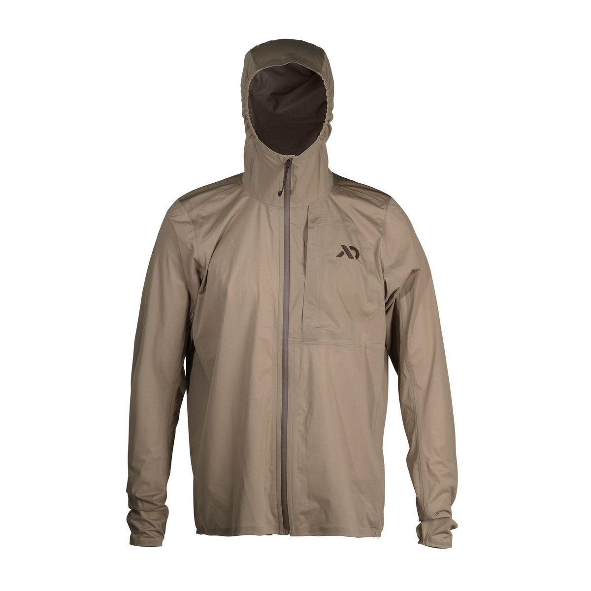 Tan hooded jacket with a full-zip front, chest logo, and elastic cuffs.