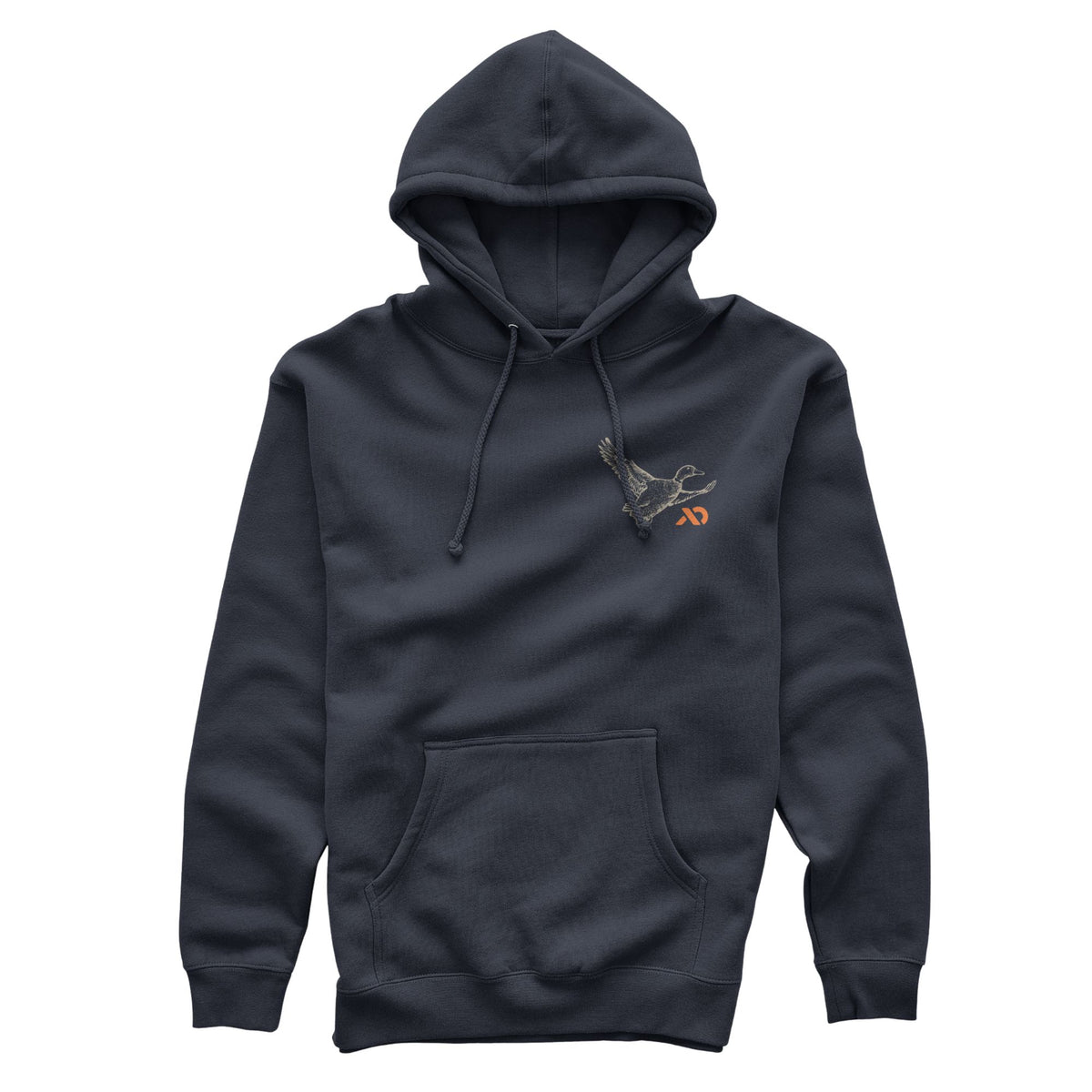 Navy hoodie with an orange abstract logo on the left chest and a duck, a hood with drawstrings, and a kangaroo pocket.