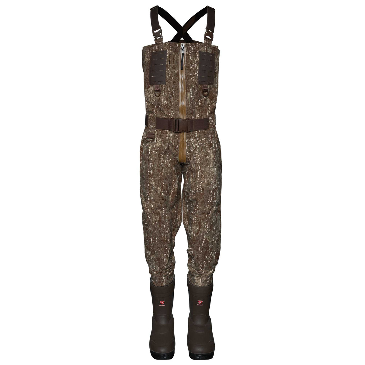 Brown camouflage hunting waders with a full-length front zipper, chest panels with horizontal slots, dark brown X-back straps, a matching belt, and integrated dark brown boots.