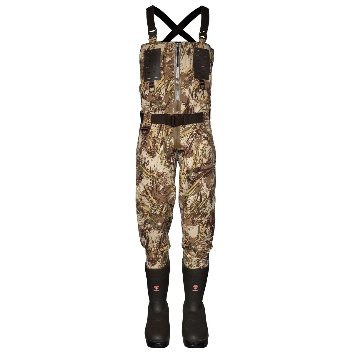 Camouflage bootfoot waders with an X-back harness, central zipper, chest pockets, and dark brown attached boots.