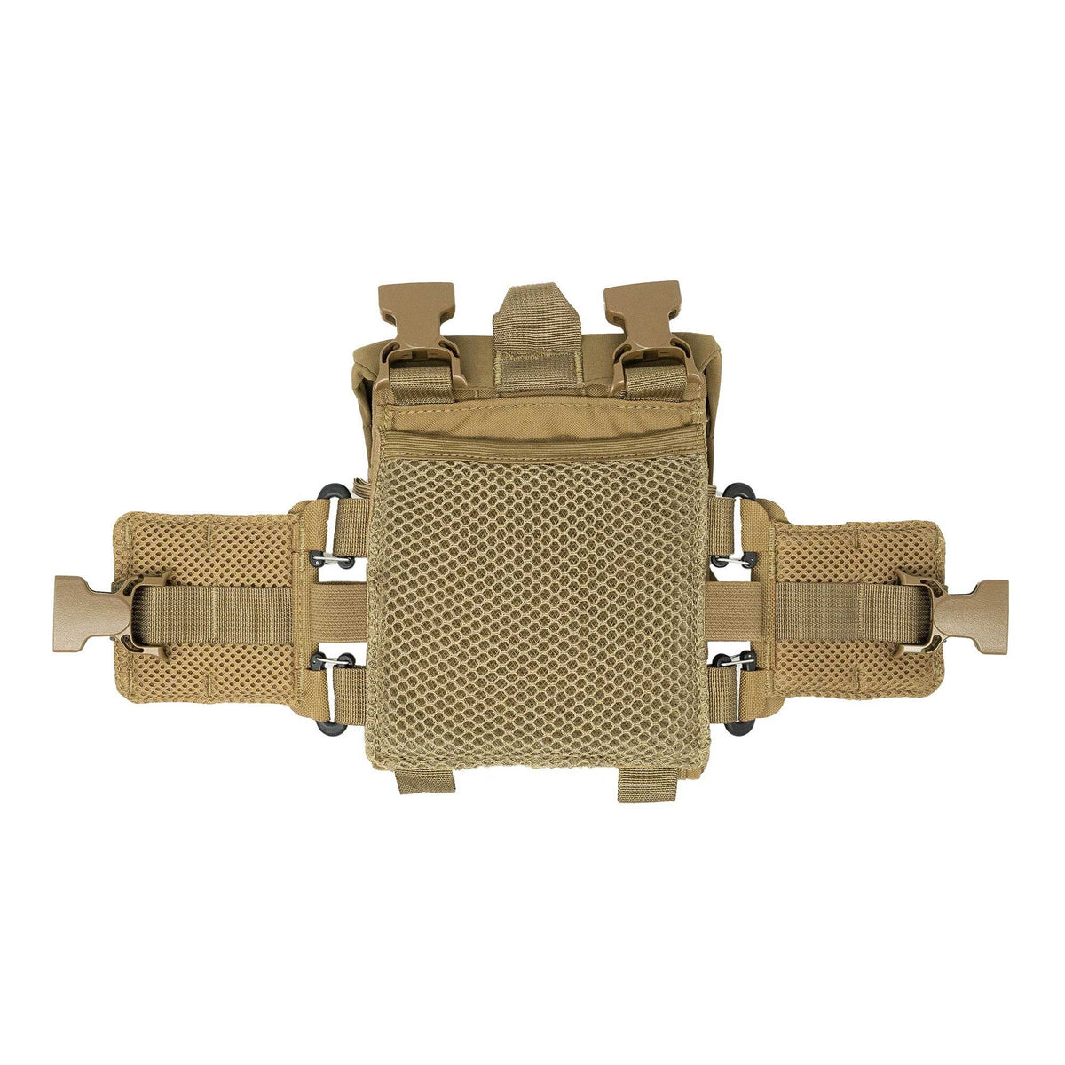 Tan tactical chest rig with a central pouch, front mesh pocket, and side adjustable straps with quick-release buckles.