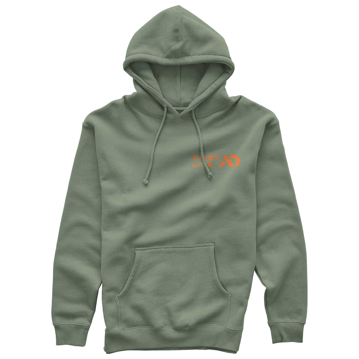 Sage green hoodie with a hood, drawstrings, kangaroo pocket, and an orange stylized text logo on the left chest.