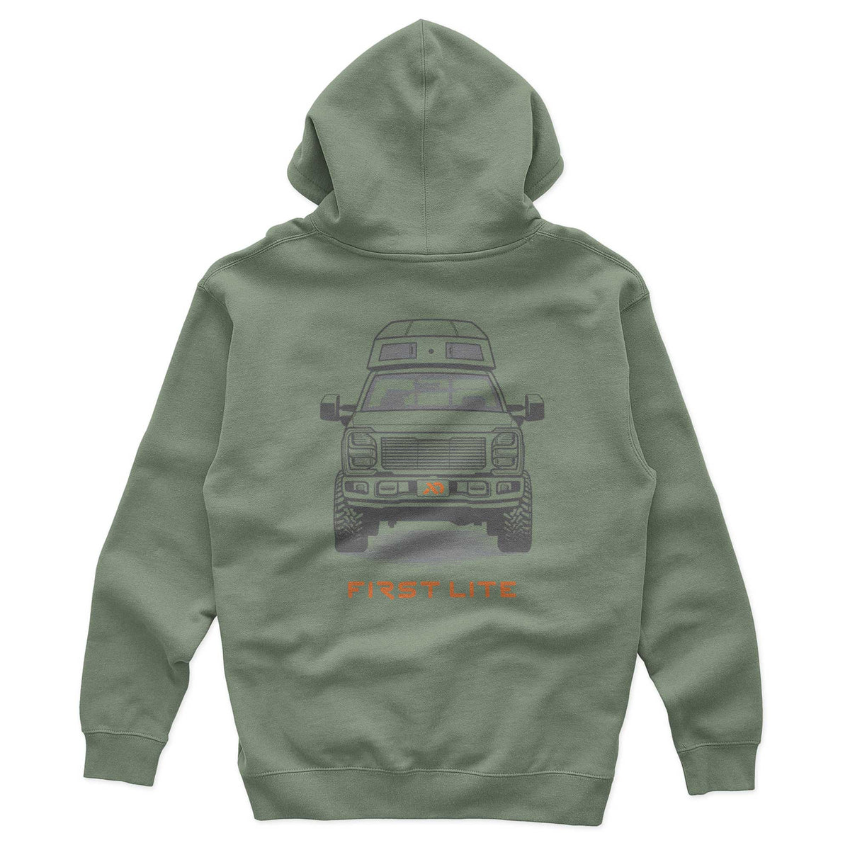 Sage green hoodie featuring a gray outline graphic of a pickup truck with a camper on the back, and orange 'FIRST LITE' text below.