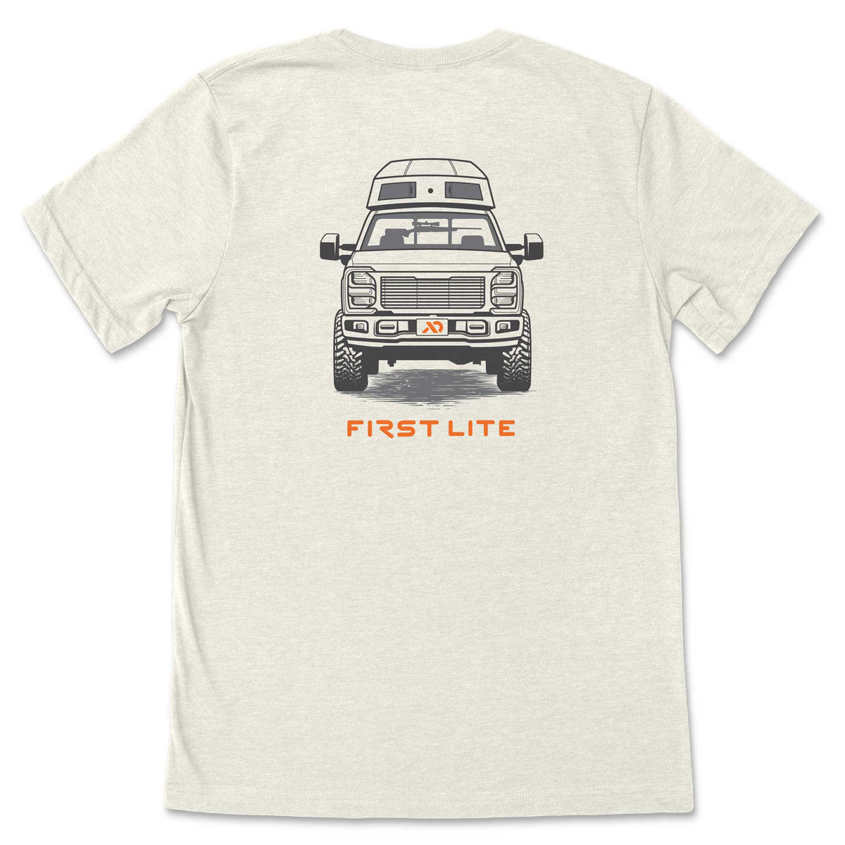 Heather cream t-shirt with a graphic of a front-facing pickup truck, a camper top, off-road tires, a rifle visible through the windshield, and orange "FIRST LITE" text.