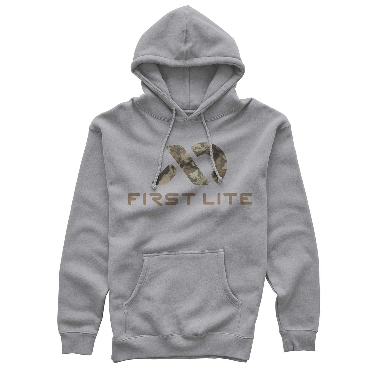 Gray hoodie with drawstrings and a kangaroo pocket, featuring a camouflage abstract logo above "FIRST LITE" text on the chest.