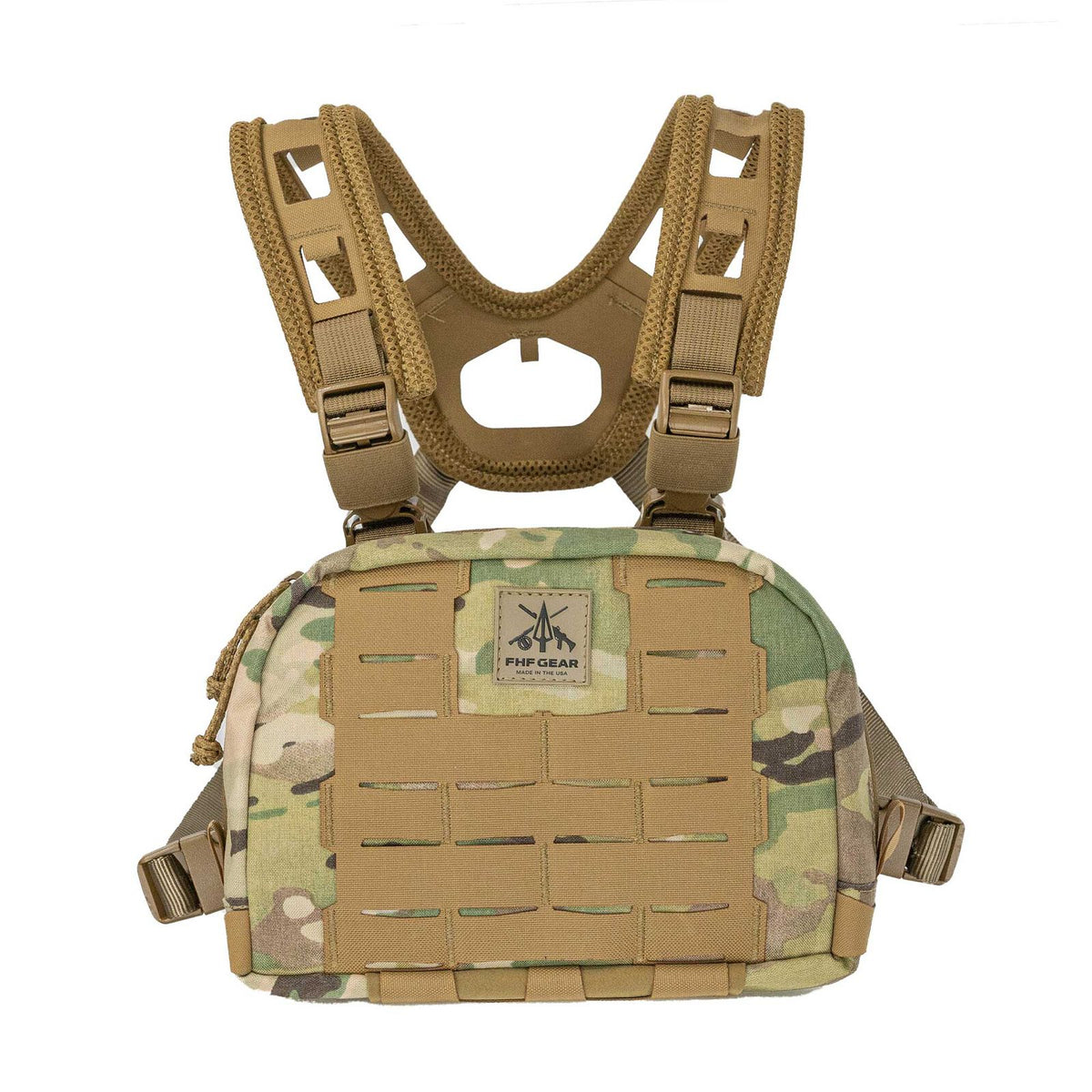 Multicam FHF Gear chest rig with a coyote brown MOLLE-compatible front panel and tan mesh shoulder straps featuring rectangular cutouts.