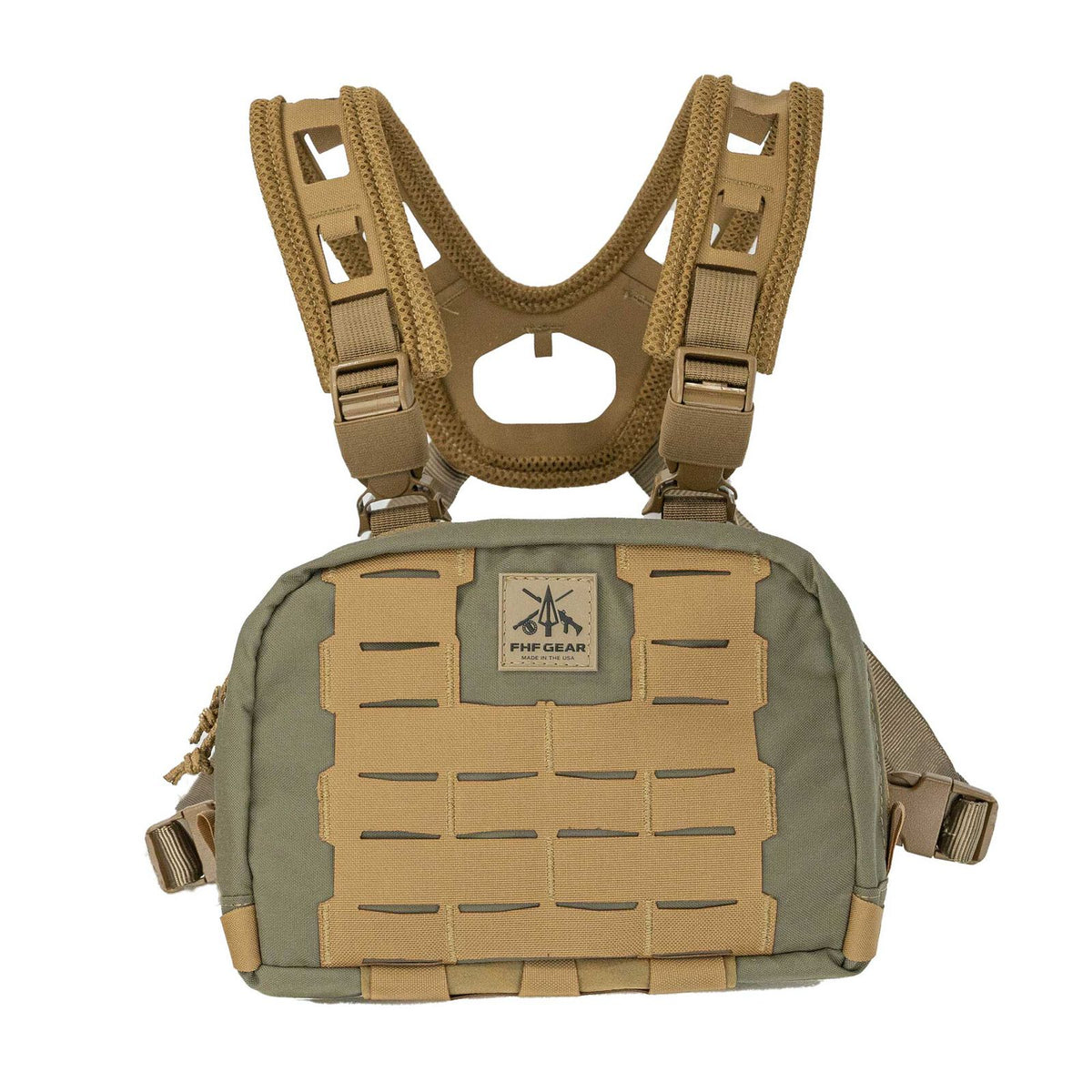 FHF Gear chest rig in olive green and coyote tan, featuring front PALS webbing and mesh shoulder straps.