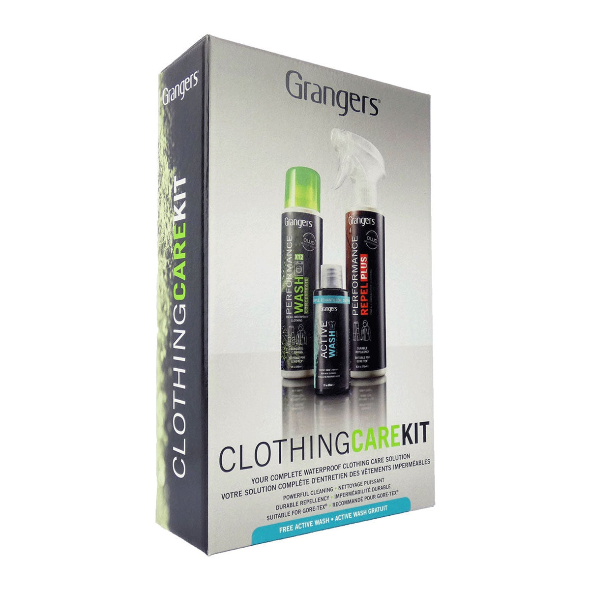 Grangers Clothing Care Kit box, gray and dark gray, displaying three black bottles: a tall green-capped wash, a small active wash, and a tall spray repellant for waterproof and Gore-Tex clothing.